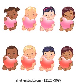 Set of round user pics with babies. Cute little baby girl and boy of various nations hold heart. Asian, african, caucasian, hispanic, arabic, indian, Chinese children. Avatar for social media blog.