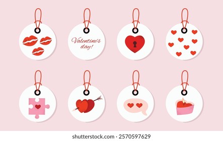 Set of round Valentine's Day gift tags with strings. Ideal for wrapping gifts, decorating presents, and creating personalized cards. Flat vector illustration on a pink background.