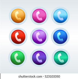 A set of round vector buttons with light border for web design on white isolated background. Vector design elements for callback service or contact center. Attractive and shiny 3d buttons
