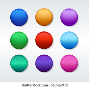 A set of round vector buttons for web design on white isolated background. Vector design elements suitable for different services. Attractive and shiny 3d buttons in most popular colors