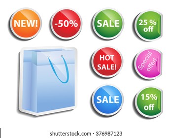 set of round vector colored labels with price