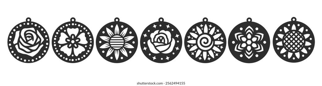 Set of round vector designs with flower for earrings, pendant or keychain. Cutout silhouette, jewelry cnc laser cut template for metal, wood or leather. Floral hanging bijouterie