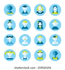 Set of round vector flat character icons. Portraits of children from different countries of the world in blue colors. Faces illustration in modern style. 