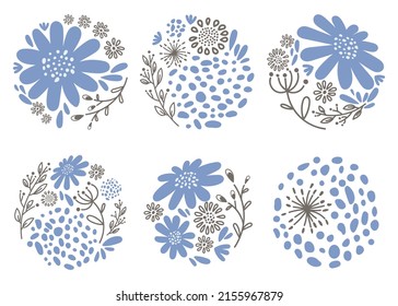 Conjunto de composiciones florales vectoriales redondeadas en estilo doodle. Flores de achicoria estilizadas y hierba para la decoración, carteles, composiciones, tarjetas, etc.