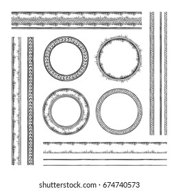 Set of round vector frames and borders. Rope and dotted designs. Collection of brushes to design frames, borders and dividers. The brushes included