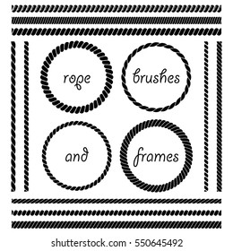 Set of round vector frames from nautical rope isolated on white background. Collection of thick and thin brushes to design frames, borders simulating a braided rope. The brush included in the file