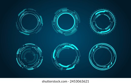 Set of round vector HUD icons. Futuristic modern user interface elements. Set of HUD interface icons vector illustration. Round borders.