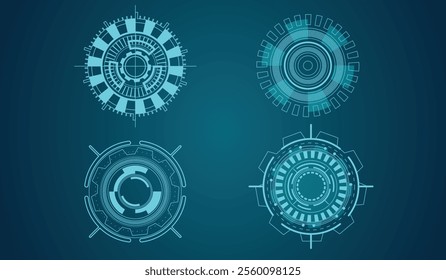 
Set of round vector HUD icons. Futuristic modern user interface elements. Set of HUD interface icons vector illustration. Round borders.
