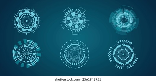 Set of round vector HUD icons. Futuristic modern user interface elements. Set of HUD interface icons vector illustration. Round borders.