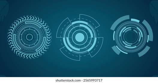 Set of round vector HUD icons. Futuristic modern user interface elements. Set of HUD interface icons vector illustration. Round borders.