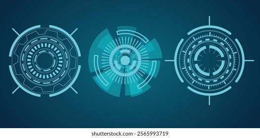 Set of round vector HUD icons. Futuristic modern user interface elements. Set of HUD interface icons vector illustration. Round borders.