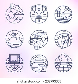 Set round, vector icons. Achievement, competition, cup, video games.