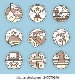 Set round, vector icons. Achievement, competition, cup, video games.