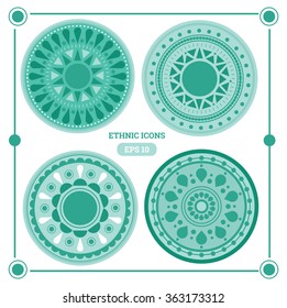 Set of Round Vector Icons with Geometrical Patterns. Ethnic Folk Style Elements.