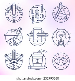 A set of round vector icons. Pencil, creative process, drawing, creativity, best idea, workspace.