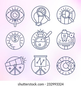 Set round, vector icons. Research, magnifier, search, analysis.