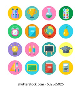 Set round vector icons. School supplies.