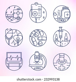 Set Round, Vector Icons.Medicine, Remedy, Health Care, Rehabilitation, Blood Transfusion, Cardiac Rhythm.