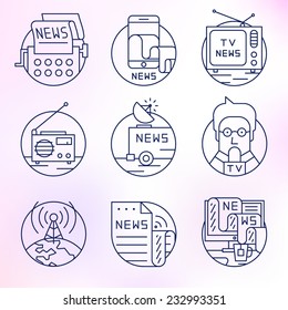 Set round, vector icons.News, television, press, newspapers and magazines, journalism, publications, content, copywriting, text posting.