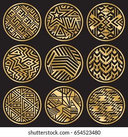Set of Round Vector Items. Nine Golden Medallions on Black