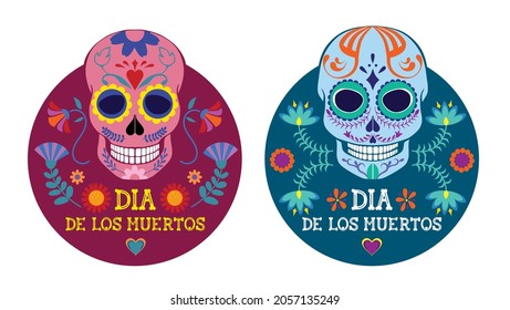 A set of round vector stickers dedicated to the Mexican Day of the Dead