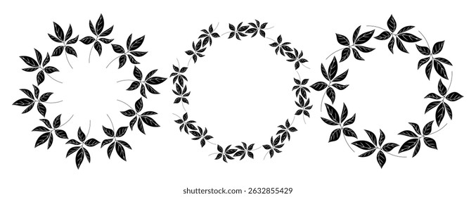 Set of Round Vector Wreath of Black Leaves
