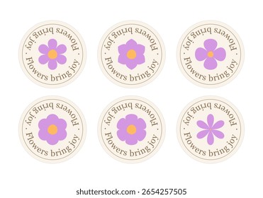 Conjunto de adesivos redondos vintage com a inscrição "Flores trazem alegria" e flores bonitas em cores pastel. Ideal para embalagem, presentes, artesanato, scrapbooking e design feito à mão, redes sociais, loja