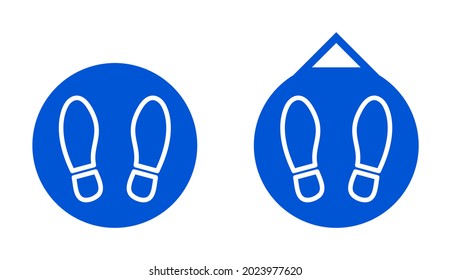 Un juego de vueltas espera aquí y guarda tus íconos de marcación de pavimento a distancia social con señales de impresión de zapatos o de pie. Imagen vectorial.