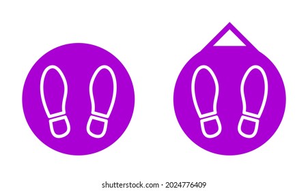 Set of Round Wait Here and Keep Your Distance Social Distancing Floor Marking Sticker Icons with Shoe Print or Footstep Signs. Vector Image.