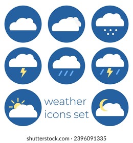 Set of round weather icons on blue background. Weather icons. Cloudy, sunny, rainy, snowy vector round icons. Flat style icons for design