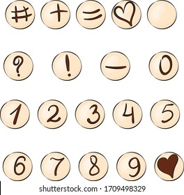Set of round white chocolate sweets with numbers and symbols. candies isolated on white for design of cards and invitation. vector stock illustration