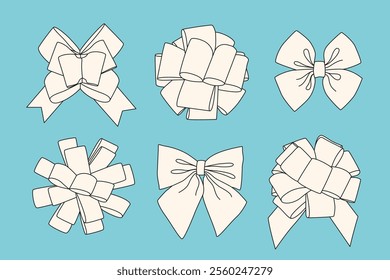 Set round white decorative holiday ribbon bow ball for gift wrapping, decorate hair. Outline hand drawn element and silhouette for present for birthday, Christmas, New Year. Isolated Flat vector EPS10