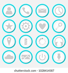 Set of round white icons. Icons with blue backlight. Vector icons for applications.