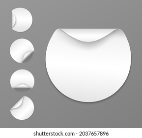 Set of round white sticky labels with bent edges. Vector cardboard labels. Empty mockup for memos, price tags, gluing.