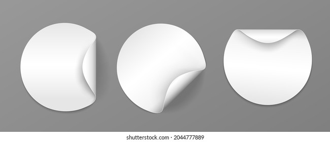 Set of round white sticky labels with bent edges. Vector cardboard labels. Empty mockup for memos, price tags, gluing.