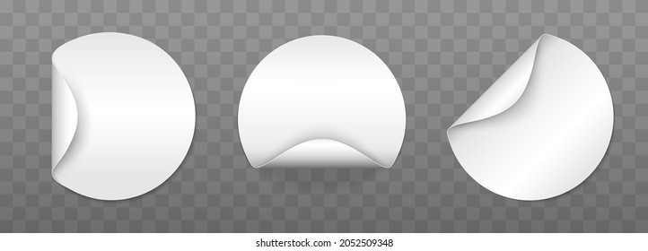 Set of round white sticky labels with bent edges. Vector cardboard labels. Empty mockup for memos, price tags, gluing.
