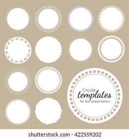 Set of round white templates for text. Vector illustration. Isolated frames for advantage or presentation. White circles with openwork pattern on edge.