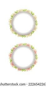 A set of round white wooden frames with lace and plants. 