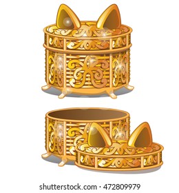 Set of round wicker baskets with lids. Vector illustration.

