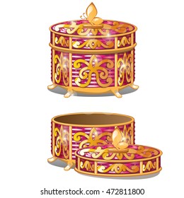 Set of round wicker baskets with lids. Vector illustration.

