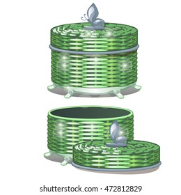 Set of round wicker baskets with lids. Vector illustration.

