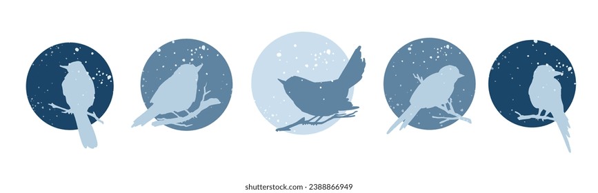 Set of round winter icons of birds on branches and falling snow. Seasonal decor for Christmas, New Year holidays. Vector graphics.