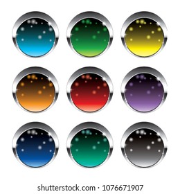 Set of round winter themed backgrounds with a silver frame, with space for your text. Vector illustration.