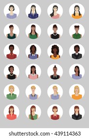 A set of round women avatars. With different hairstyles and clothes.