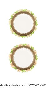 A set of round wooden frames with lace and plants. 