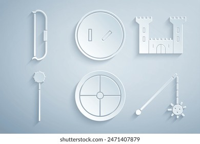 Set Round wooden shield, Castle, Medieval chained mace ball,  and bow icon. Vector