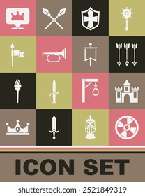 Set Escudo de madeira redondo, Castelo, fortaleza, flechas cruzadas, Escudo, Trompete, Lança medieval, Localização rei coroa e ícone da bandeira. Vetor