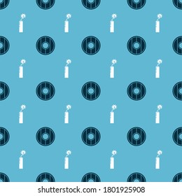 Set Round wooden shield and Dynamite bomb stick clock on seamless pattern. Vector