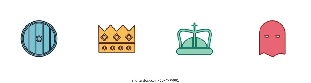 Set Round wooden shield, King crown,  and Executioner mask icon. Vector