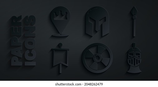 Set Round wooden shield, Medieval spear, flag, iron helmet,  and Location king crown icon. Vector